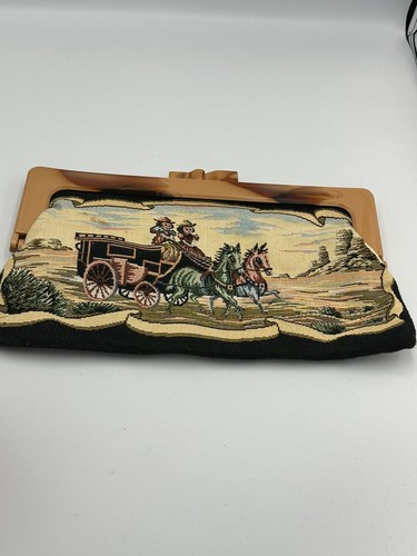 Borsello pochette arazzo vintage anni 70 cavallo e carrozza tartaruga plastica bacio lucchetto - Foto 11 di 20