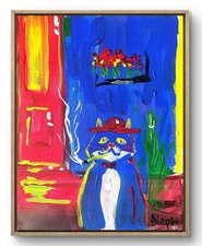 Original Art Blue Cat 14x11 Colorful Modern Art Acrylic Painting on Canvas