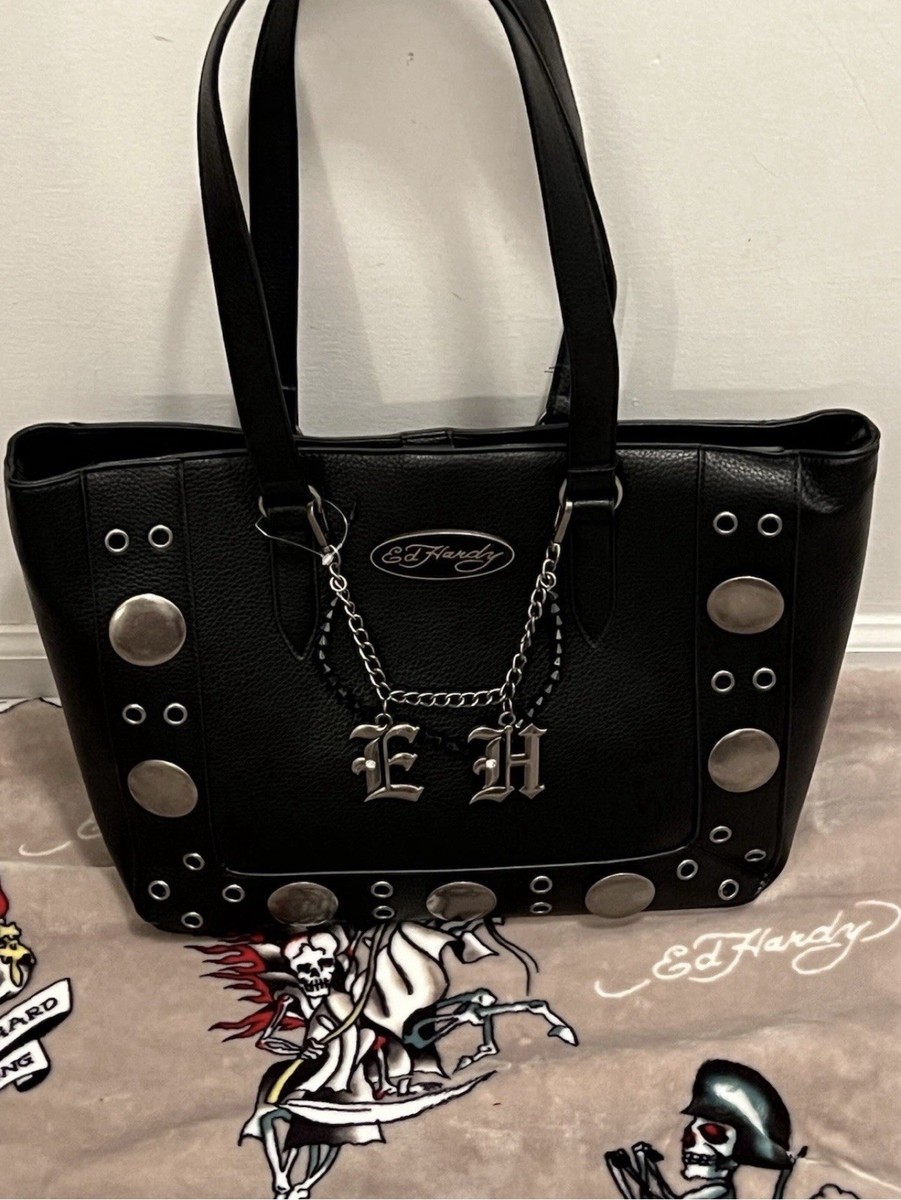 Ed Hardy Black Studded Tote Bag EH Charm Chain Shoulder Purse Y2K