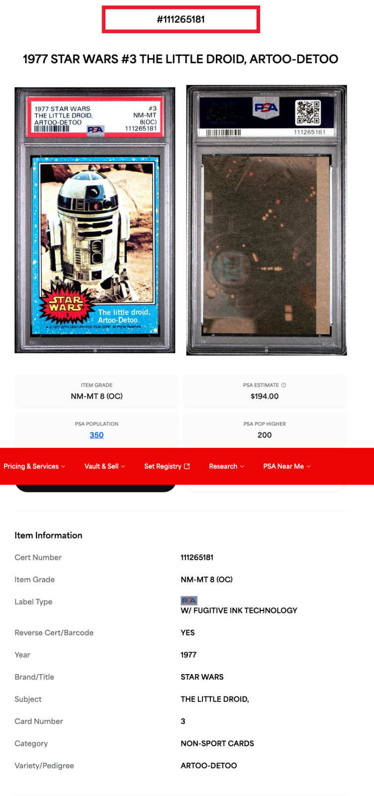 1977 Topps Star Wars #3 The Little Droid Artoo-Detoo PSA 8 #11265181 NM-MT