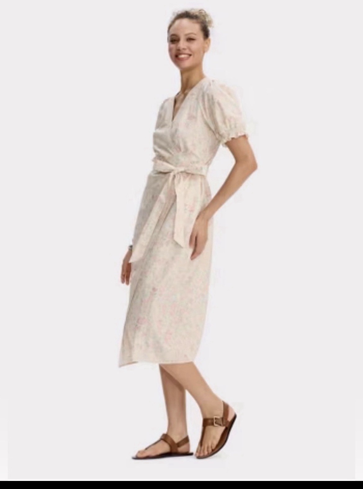 Universal Thread Light Pink Floral Wrap Midi Dress Puff Sleeves Small NWT