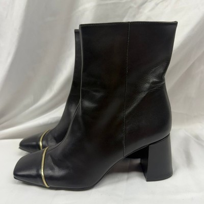 Ana Palma Black Leather Square Toe Gold Trim Block Heel Ankle Boot Spain Size 39