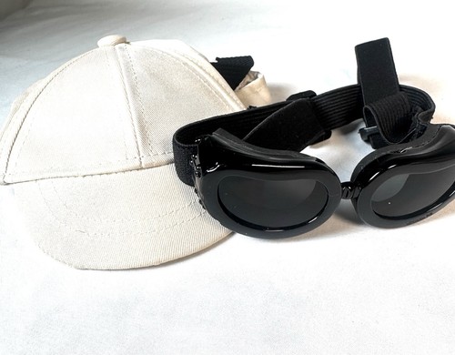 Small Dog Pet Beige  Baseball Hat And Sunglasses Googles Black