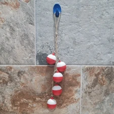 5 Wood Bobbers On Jute Rope Distressed Red & White Fish Net Floats Decor