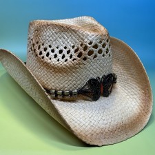 Cowboy Hat Tea-Stained Straw Western, Shapable Brim, 22in/56cm circ, butterfly