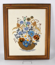 VTG Framed Needlepoint Flower Bouquet in Basket Blue Cream Yarn 24" x 20"