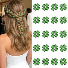 20Pcs Mini Clover Flower Hair Clips, Rhinestone Decorative Hair Dark Green