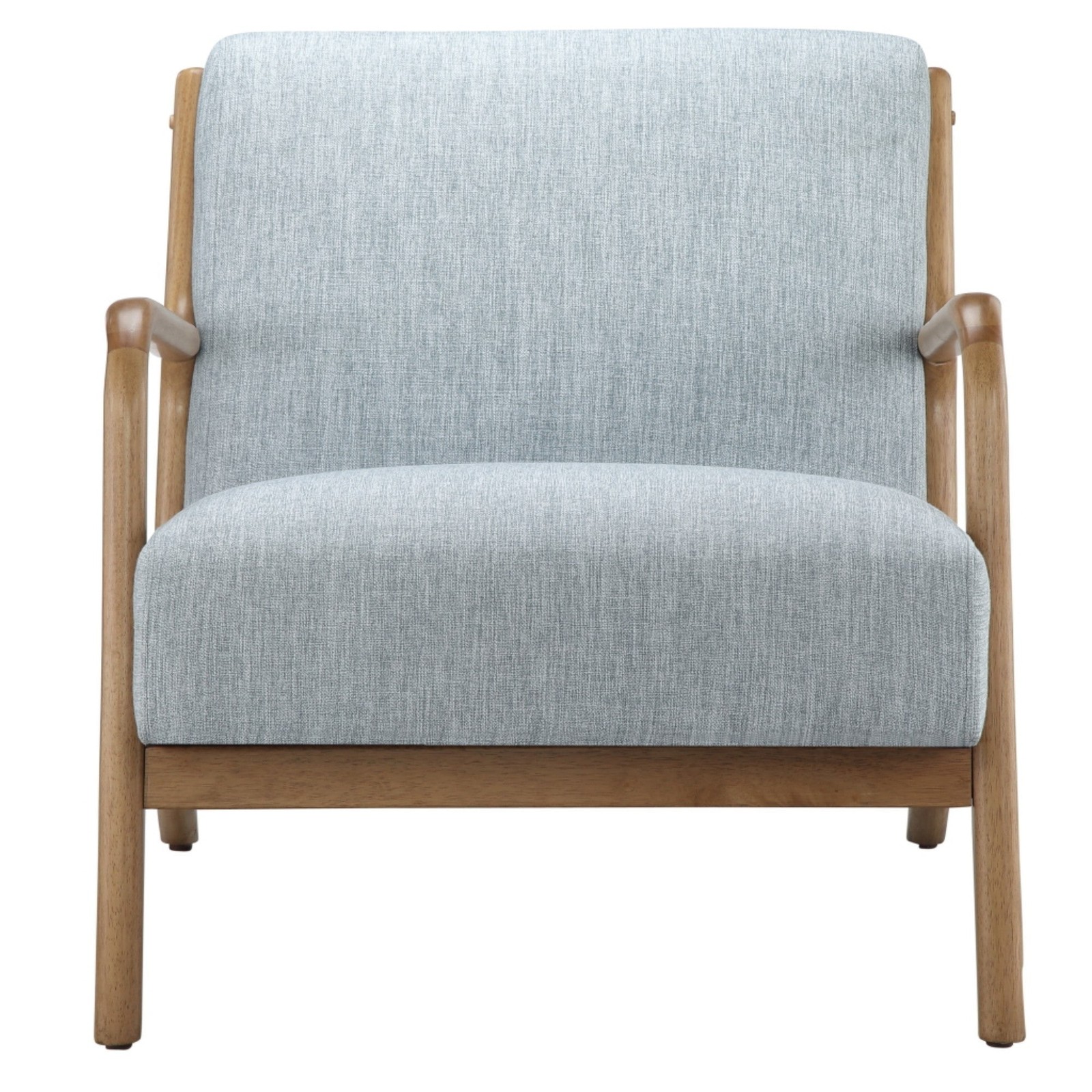 Mid-century modern lounge chair with soft upholstery and elm wood frame in light blue