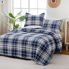 Ocharo Blue Plaid Quilt Set King Sizelightweight Navy White Stripes Grid