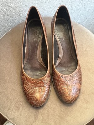 AEROSOLES Women's Brown Embossed Floral Leather Almond Toe Pump Heels 9M