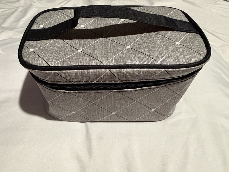 Gray Quilted Makeup Bag Case with Handle and Zipper, Gray/Black