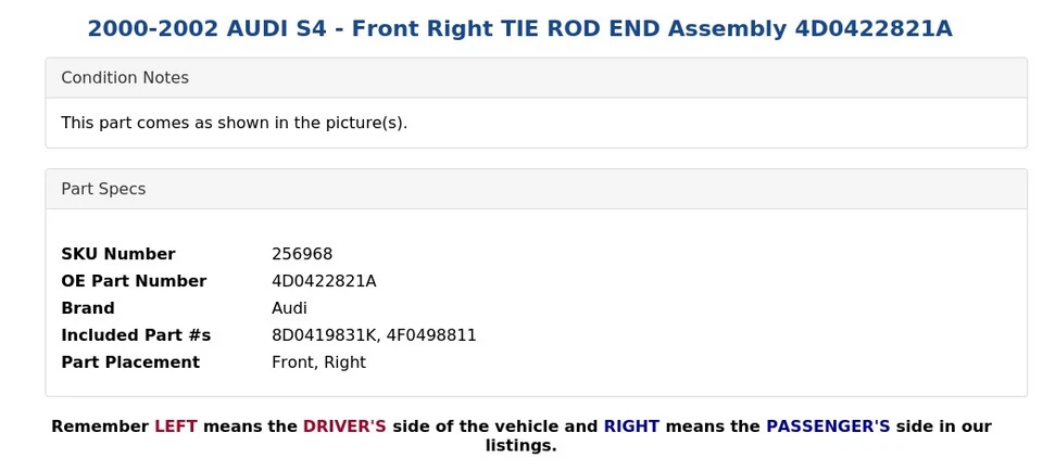 2000-2002 AUDI S4 - Front Right TIE ROD END Assembly 4D0422821A - Image 3 of 4
