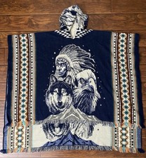 Andes Artesania Wool Blend Men Women Poncho Native American Wolf Eagle One Size