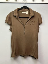 DKNY Jeans Shirt Womens Large Brown Henley Polo Collar Short Sleeve Pointelle