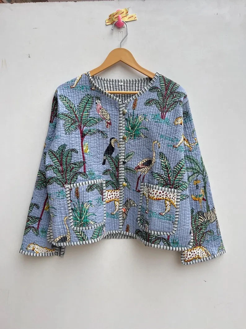 Indian Blue Forest 100% Cotton Quilted Unisex Jackets Womens Clothing Jackets US