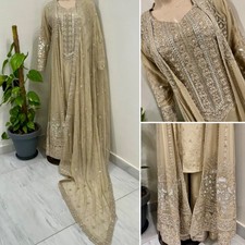 Pakistani Beige chiffon long Gown shirt Style Embroidered Sequins Dress,L