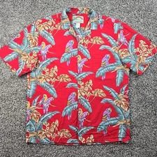 Vintage Paradise Found Shirt Mens Medium Red Hawaiian Parrot Palm Tree Magnum PI