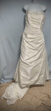 White Strapless Wedding Dress w/ Beaded Bodice  Train Lace-Up Back