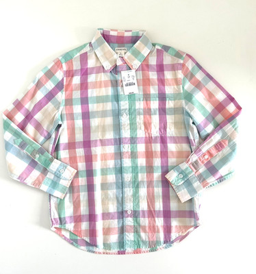 NEW Crewcuts Check Long Sleeve Shirt Boys 8 White Green Coral Pink Button Down