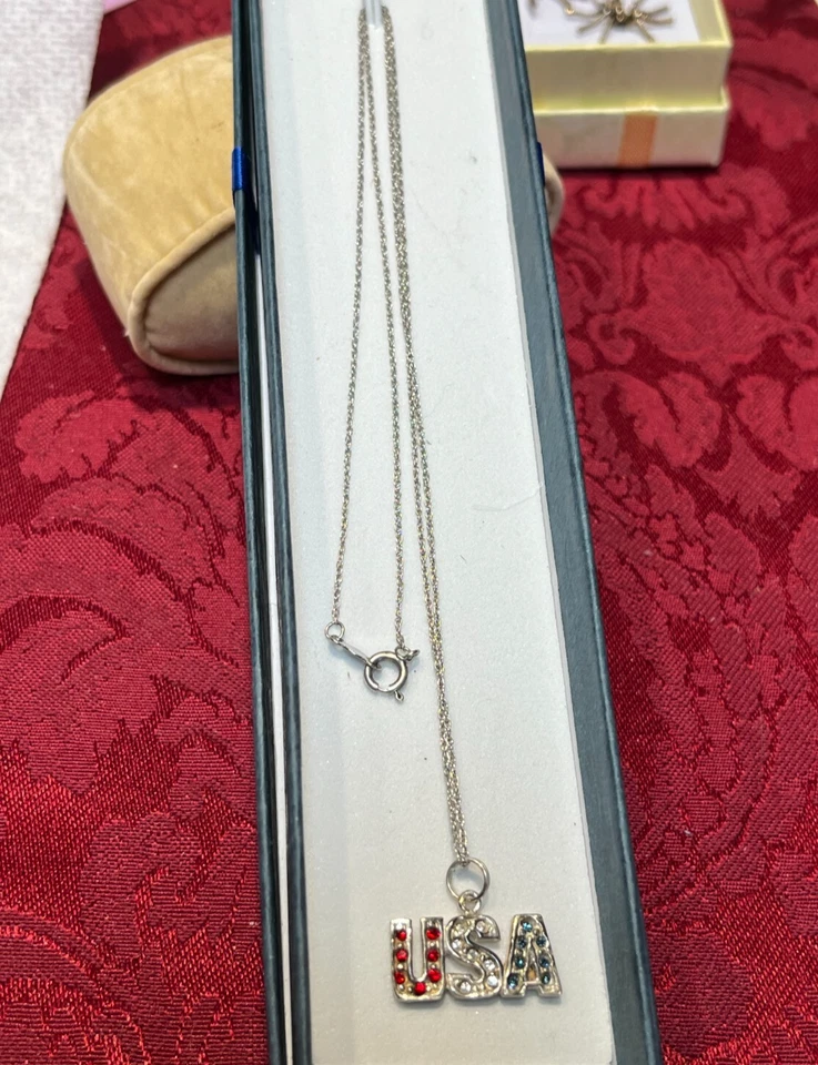 复古 JEZ 纯银 925 美国吊坠项链 红色、白色和蓝色 水钻 — 第 2/4 张图片