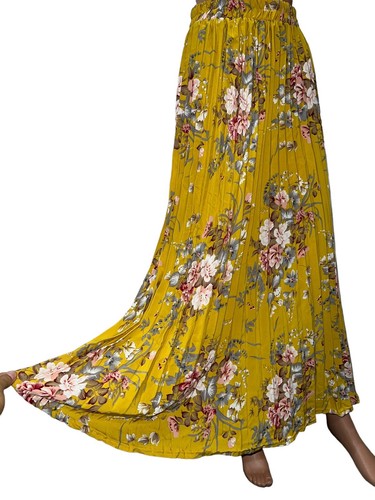 NWT Mustard Long Pleated Skirt Elastic Waist Fits Up To 36 Inches