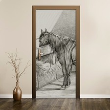 Türtapete selbstklebend Türposter Türaufkleber Zeichnung Tier Pferde Stall Kunst