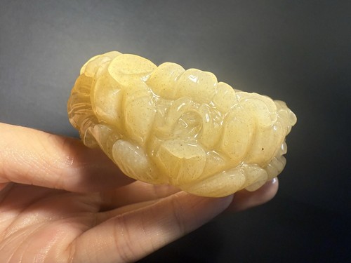 58.4mm/Natural Due Color Mongolian Jade Bangle/ She TeiCui Jade/Carved Flowers - Picture 3 of 11
