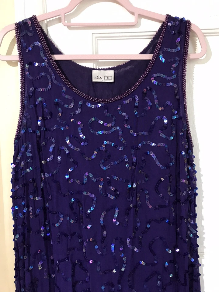 Vestido BHS Vintage Anos 90 Sem Mangas Roxo Lantejoulas Comprimento do Joelho Tamanho UK 14 - Imagem 2 de 4