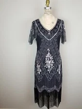 Classic 1920's Style Black Organza Beaded Flapper Style Dress NEW w/Tags Large