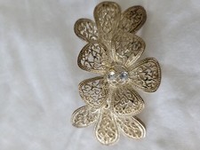 Vintage Filigree Hair Barrette Gold Tone with 2 round clear stones in center