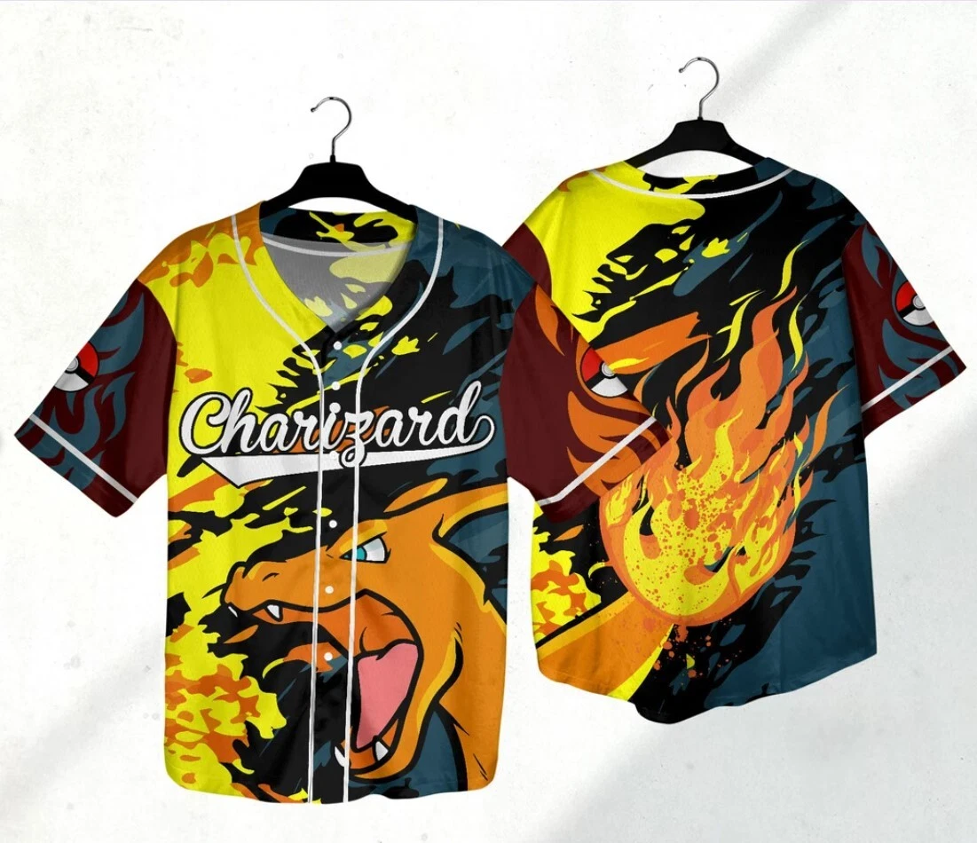 Charizard Baseball Jersey Shirt Charizard Fire Japanese Anime Jersey Shirt Gift