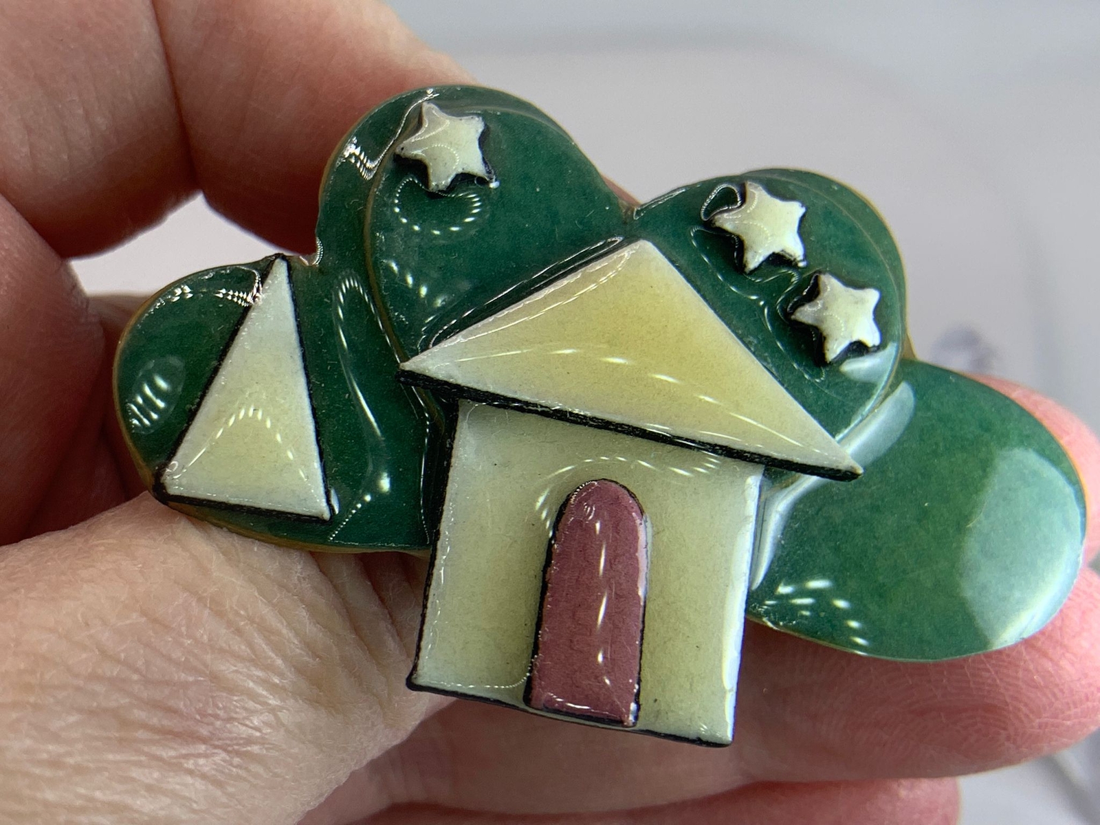 Lucinda House Pin Green Cream Vintage Handmade One of… Gem