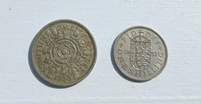 Vintage Elizabeth 2 1953 Two shilling, one shilling coins