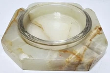 Vintage Ashtray Onyx Marble Natural Stone Hand Carved with Glass Insert
