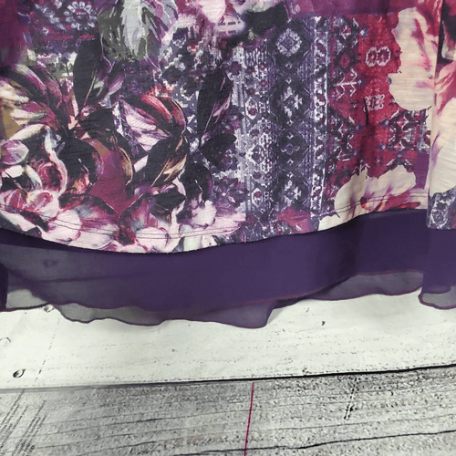 Camicetta tunica Christopher & Banks XL floreale patchwork viola orlo trasparente manica a 3/4 - Foto 5 di 8