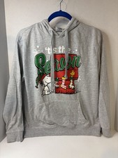 PEANUTS Snoopy W/Woodstock Tis the Season Youth Sz M 7-9 Christmas Hoodie Gray