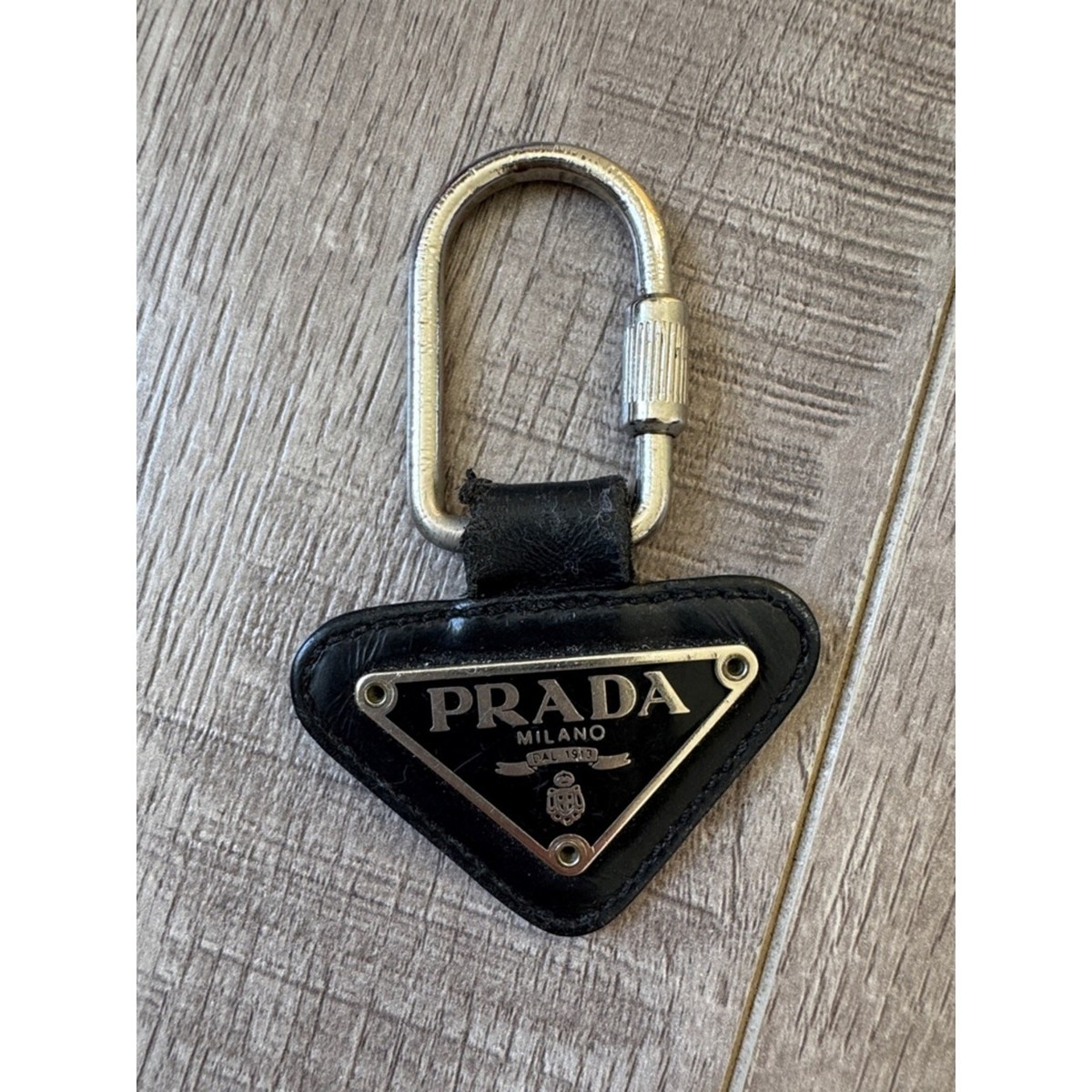 Prada Vintage 90s Triangle Logo Leather Keychain Black Spazzolato