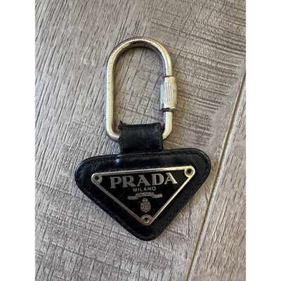 Prada Vintage 90s Triangle Logo Leather Keychain Black Spazzolato