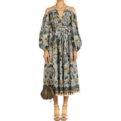 ULLA JOHNSON Tahlia Dress Floral Midi Dress Open Shoulders Portofino Size 0