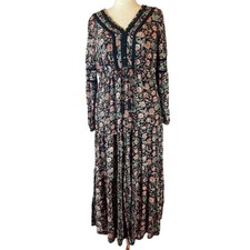 Boho Maxi Dress Floral Print Cotton/Rayon Tiered with Lace Trim