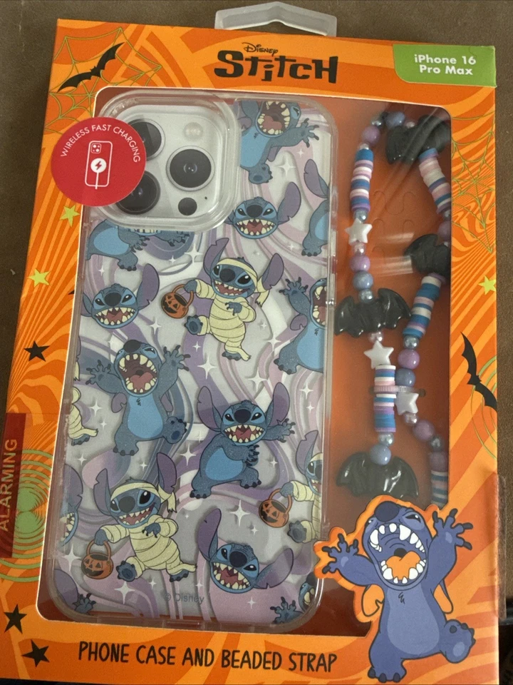 Funda de teléfono Disney Stitch iPhone 13/14/15 con correa de murciélago con cuentas momia de Halloween nueva con etiquetas Foto 3 de 3