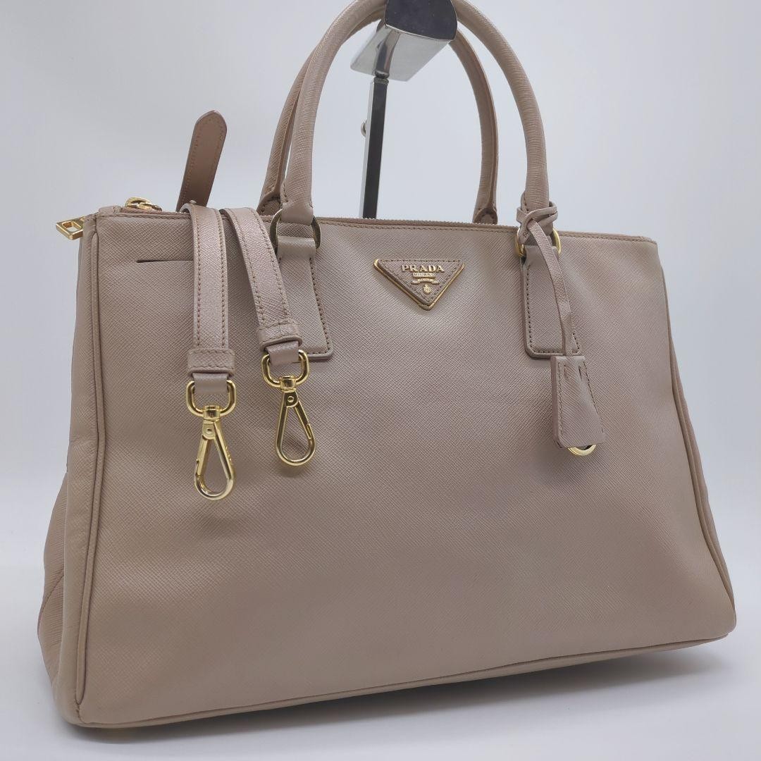 PRADA Galleria Logo 2Way Hand Bag Tote Saffiano Leather Pink Beige w/ Crochet thumbnail 2