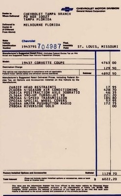 69 CORVETTE STINGRAY 390hp 4 SP Manufacturer s Retail Sticker  65 lb PAPER COPY