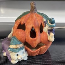 VTG Cats Pumpkin Ceramic Orange Light Jack O Lantern Halloween Plug In 4" READ