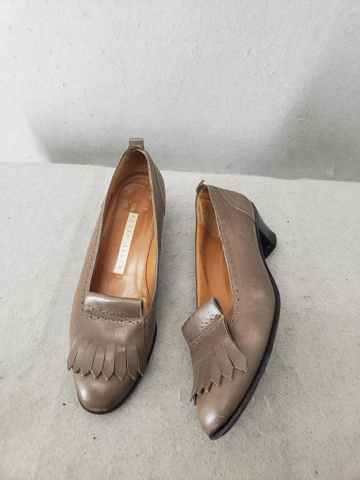 Zapatos de salón vintage Perry Ellis para mujer 6B cuero flecos mocasín bloque tacón bajo años 90 Foto 4 de 4