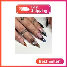French Tip Press on Nails Long Stiletto With Leopard Rhinestones Design 3D Butte