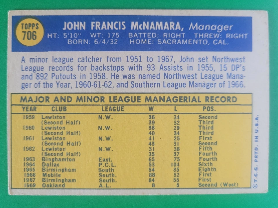 1970 Topps JOHN McNAMARA High #706 Oakland Athletics EX Light Wear  Bron Vintage - Image 2 of 3