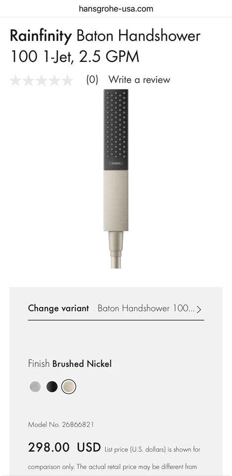 Nuevo Hansgrohe Rainfinity Bastón Ducha de Mano 100 1-Jet, 2.5 GPM - Níquel Cepillado Foto 2 de 4