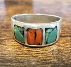 Vtg Southwestern American Silver Turquoise Coral Chip Inlay Band Ring  Size 9.75