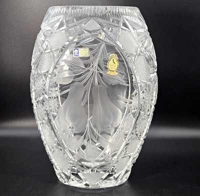LG Vtg Lausitzer Imperlux Cut Lead Crystal Vase Pears Design 10 3/8'' GDR Germany